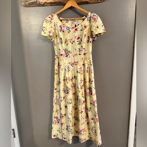 Vintage Floral Yellow Midi Dress - Medium